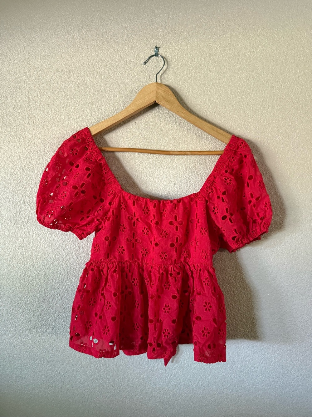 Trixxi Red Eyelet Puff-Sleeve Peplum Top